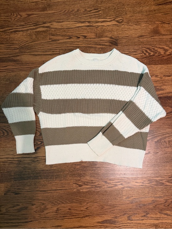 a new day Sweaters - A New Day Cream and Olive Green Striped Crewneck Sweater